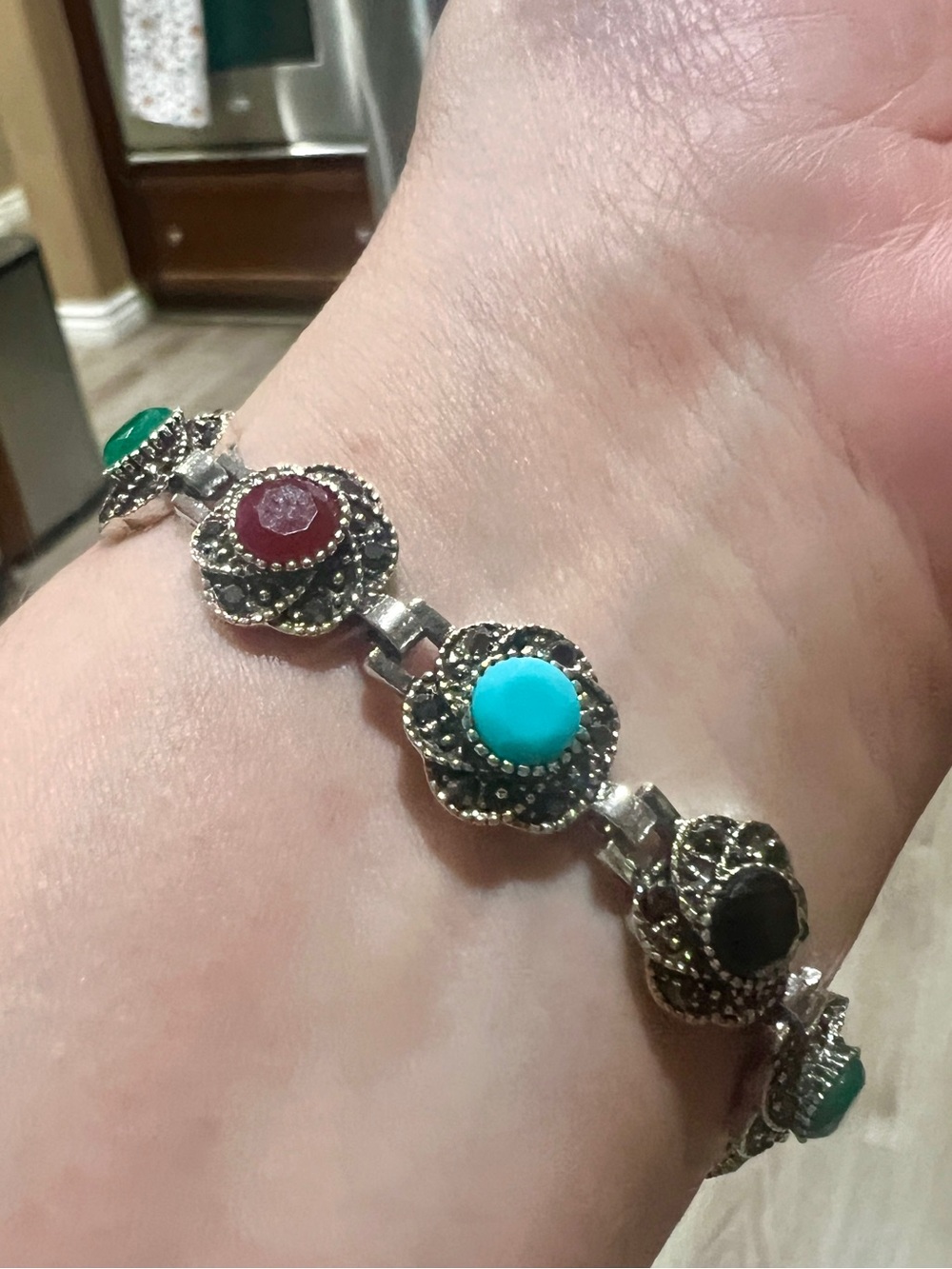 Multicolor Stone Silver-Tone Link Bracelet - Women Jewelry size 6.5